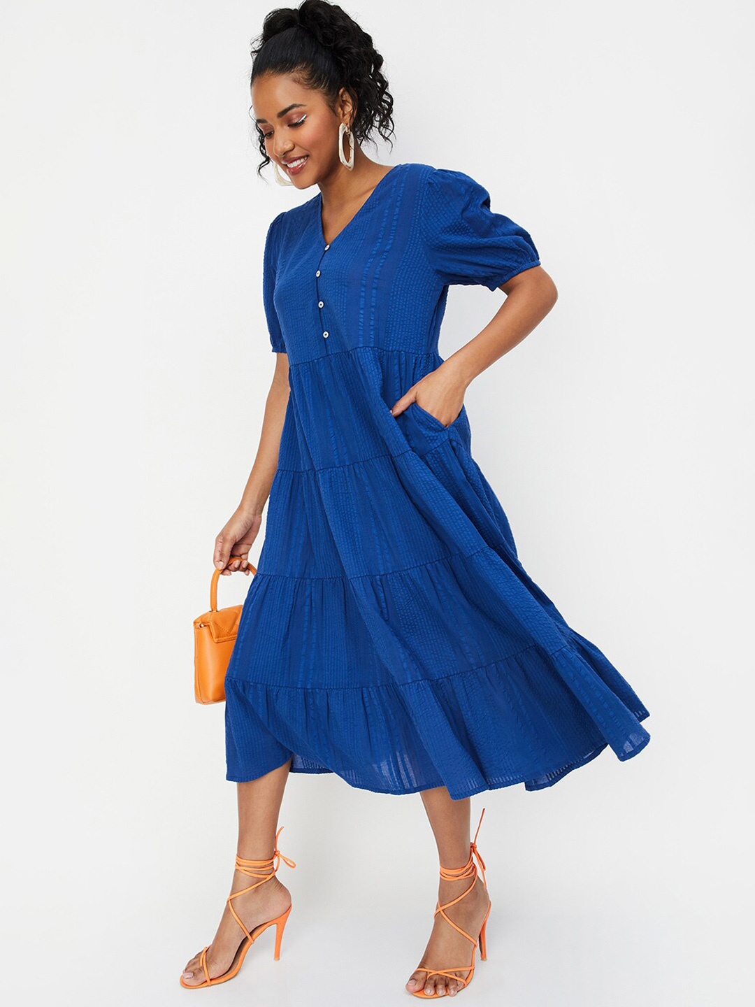 

max Self Design V Neck Cotton Tierd Dress, Blue