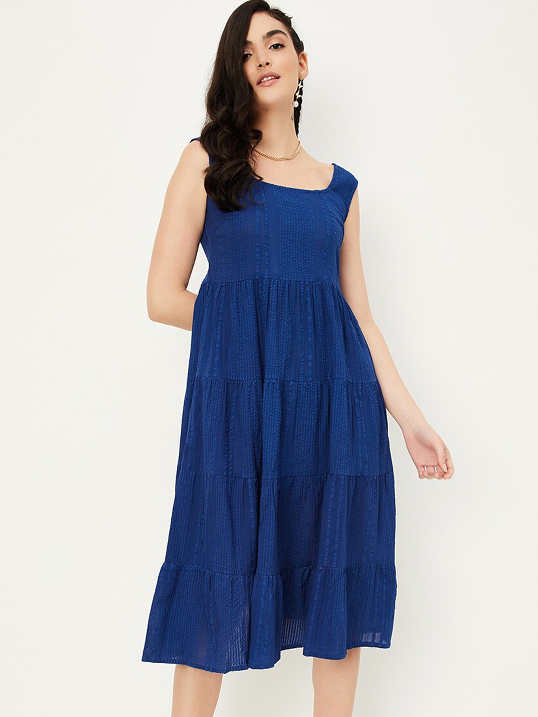 

max Self Design Sleeveless Cotton Tired Dress, Blue