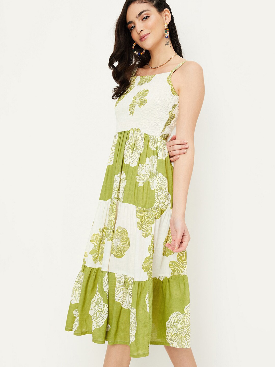 

max Floral Print Sleeveless Fit & Flare Midi Dress, Green