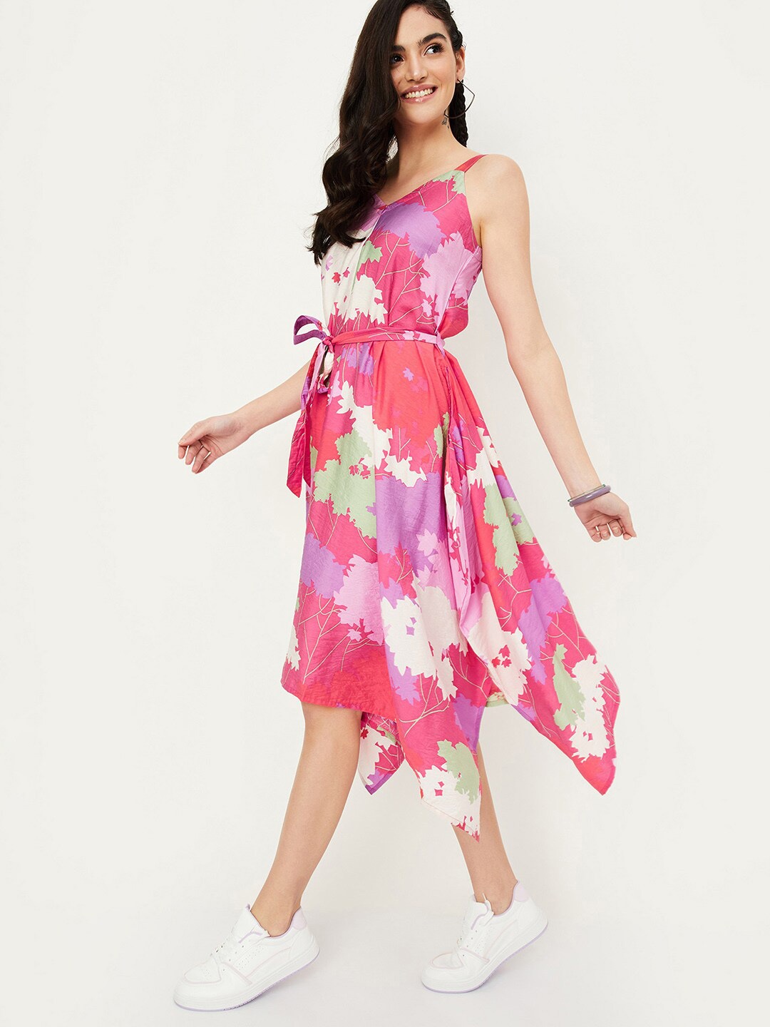 

max Floral Printed Belted Sleeveless A-Line Dress, Pink