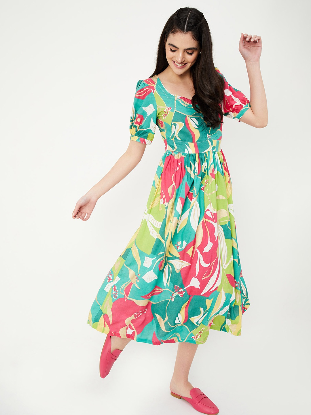 

max Floral Print Fit and Flare Midi Dress, Multi