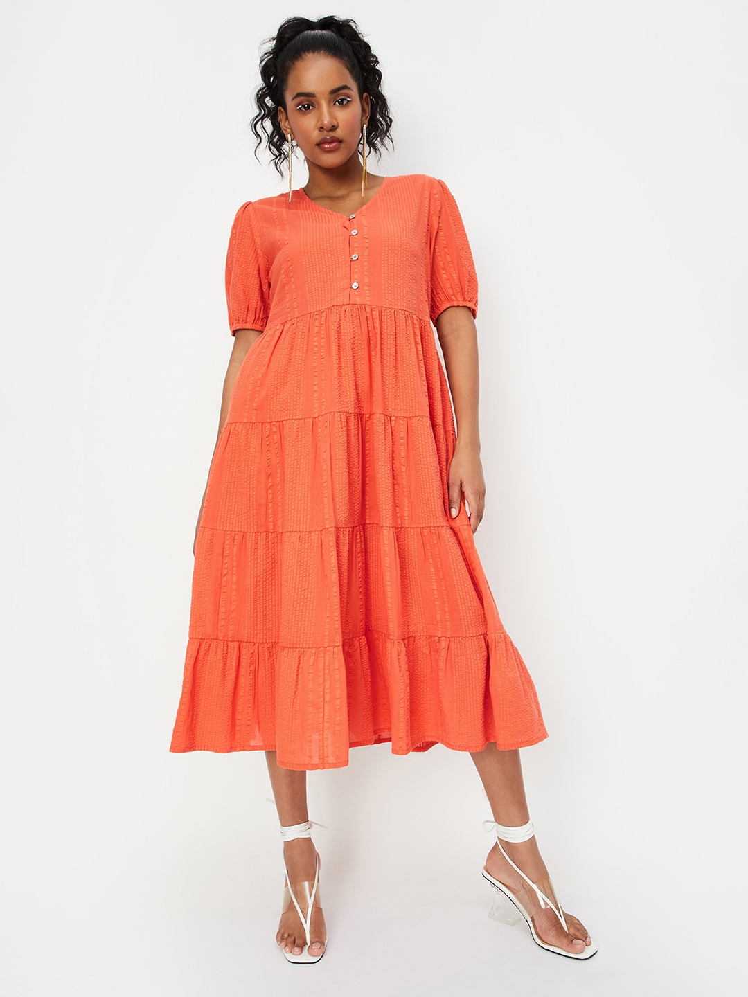 

max Striped Fit and Flare Midi Dress, Orange