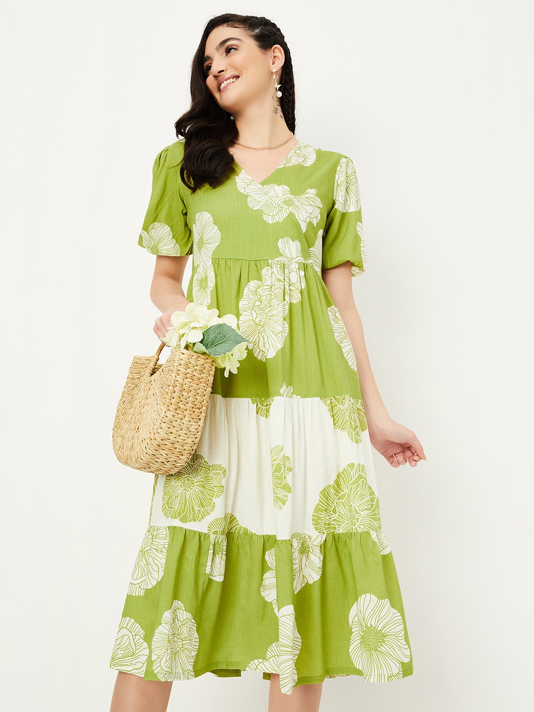 

max Tropical Print A-Line Maxi Dress, Green