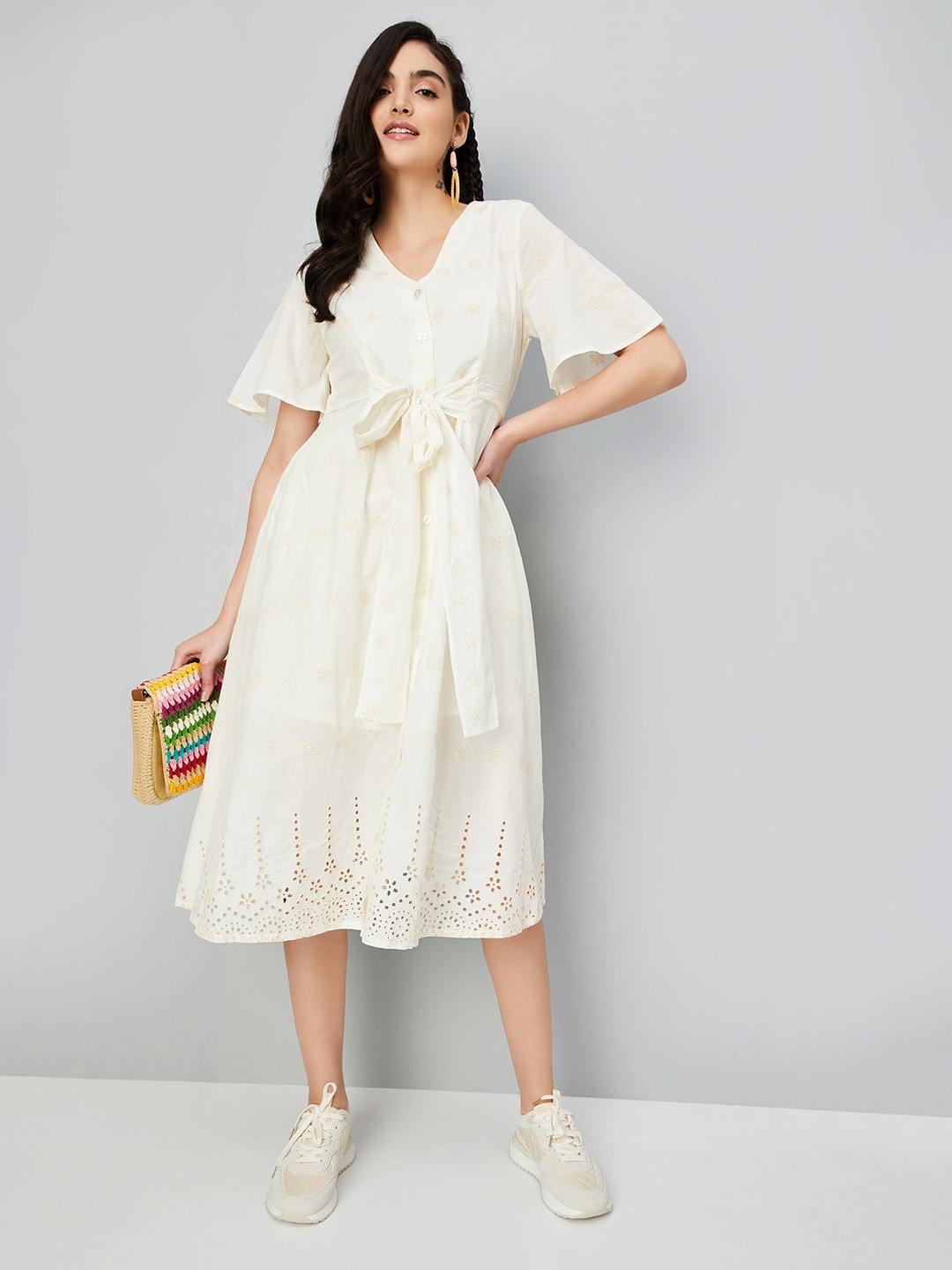 

max Flared Sleeve Fit & Flare Midi Dress, Off white