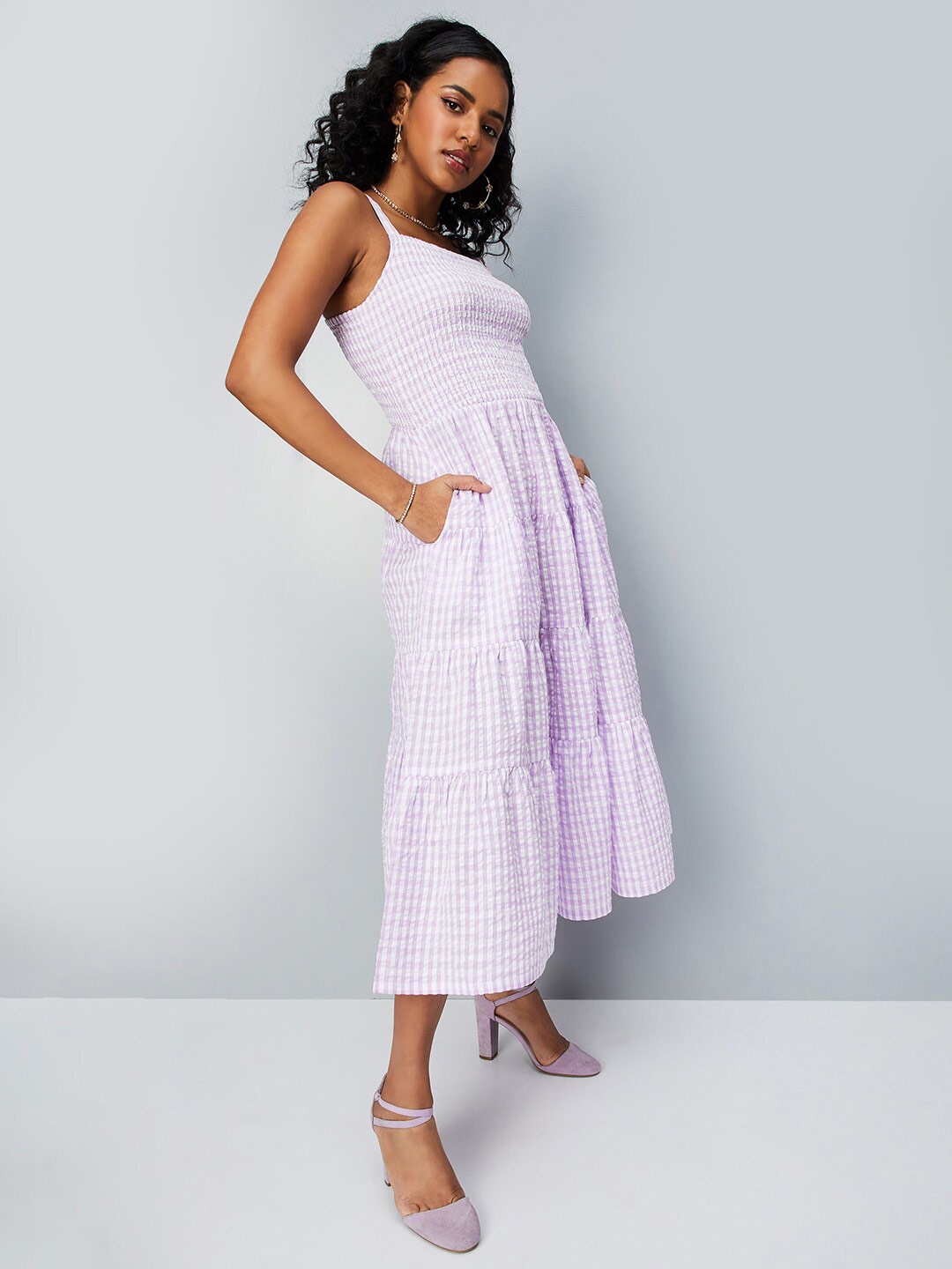 

max Checked Shoulder Straps Smocked Tiered Pure Cotton Fit & Flare Dress, Lavender