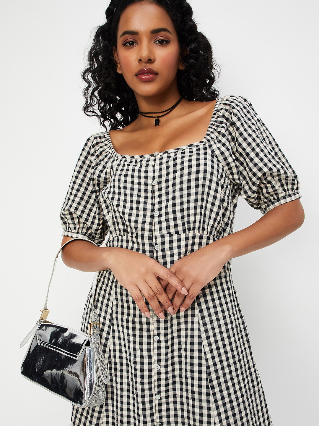 

max Checked Fit & Flare Midi Dress, Off white