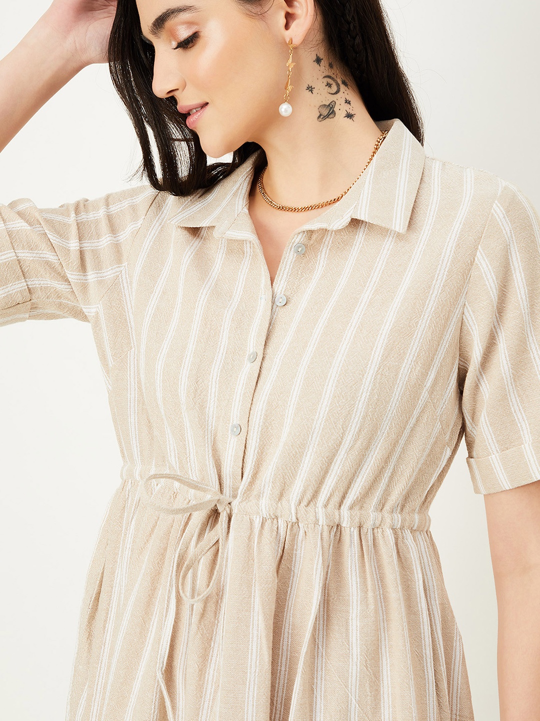 

max Striped Fit and Flare Dress, Beige