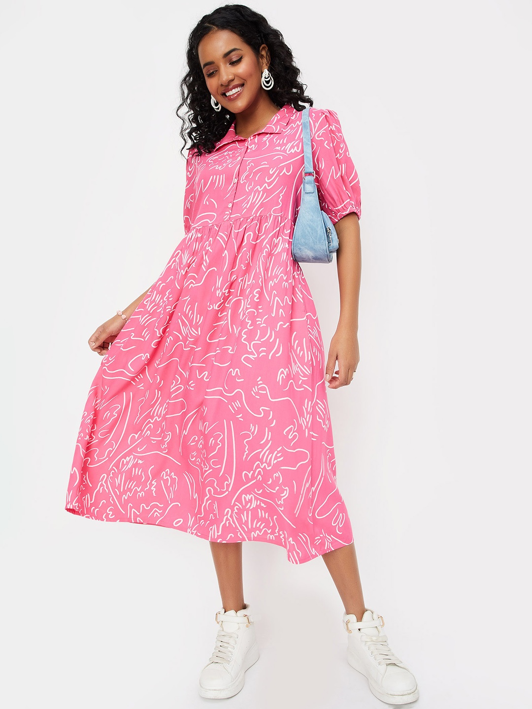 

max Puff Sleeve Fit and Flare Midi Dress, Fuchsia