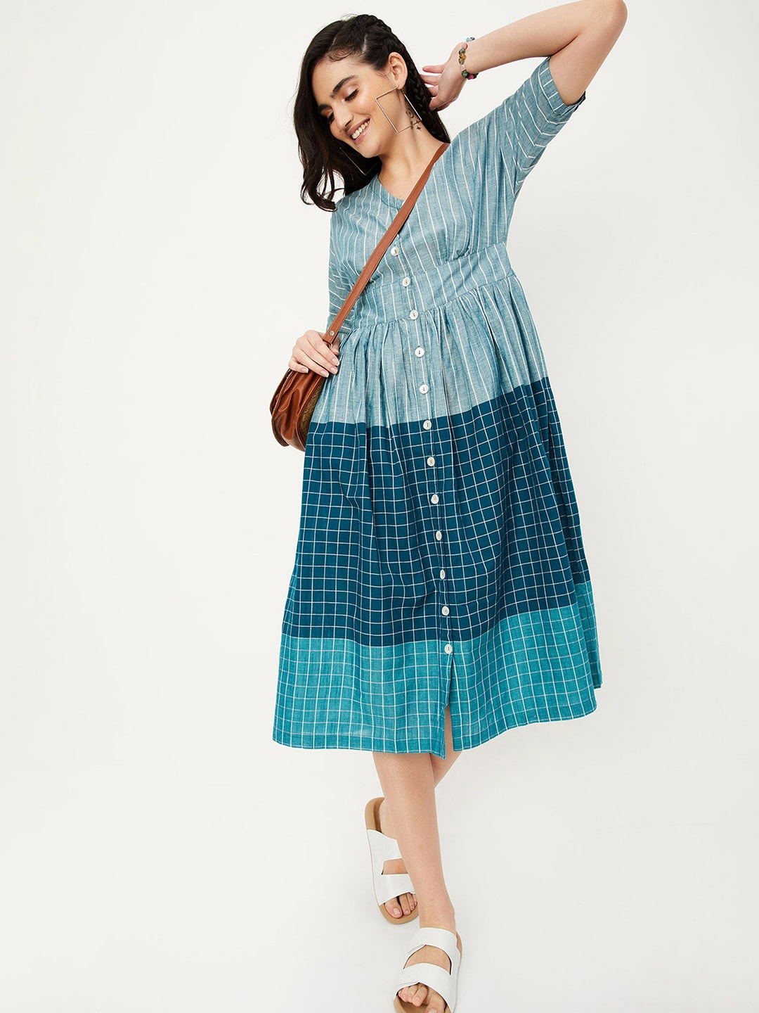 

max Checked A-Line Midi Dress, Blue
