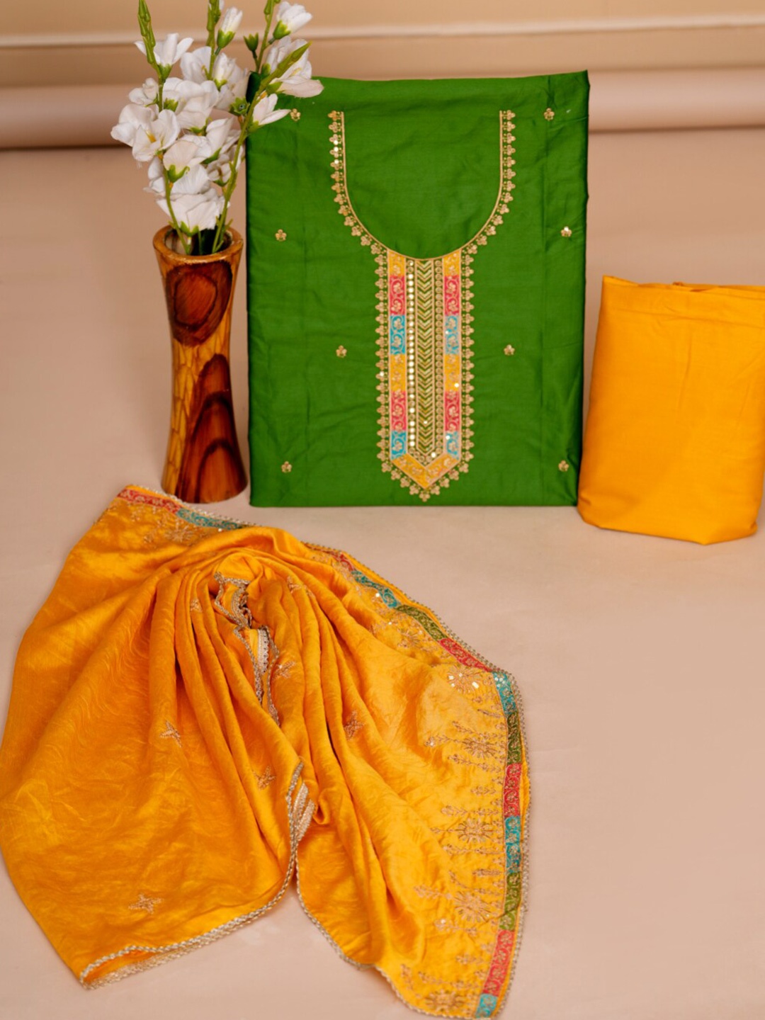 

KALINI Floral Embroidered Pure Silk Unstitched Dress Material, Green