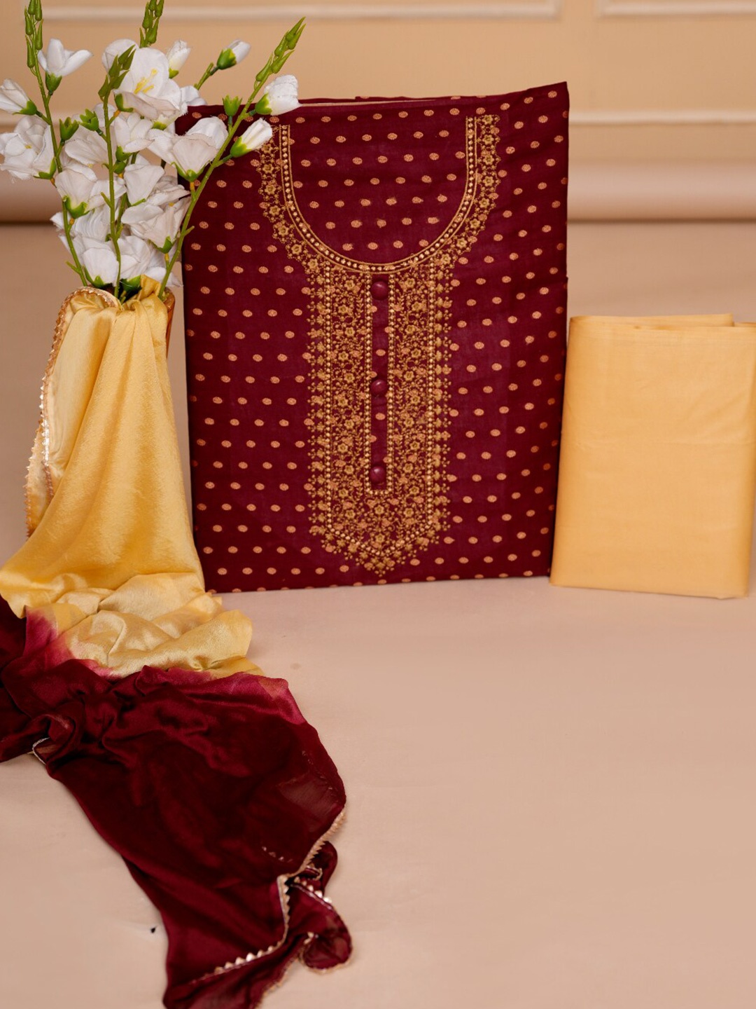 

KALINI Ethnic Motifs Embroidered Pure Cotton Unstitched Dress Material, Maroon