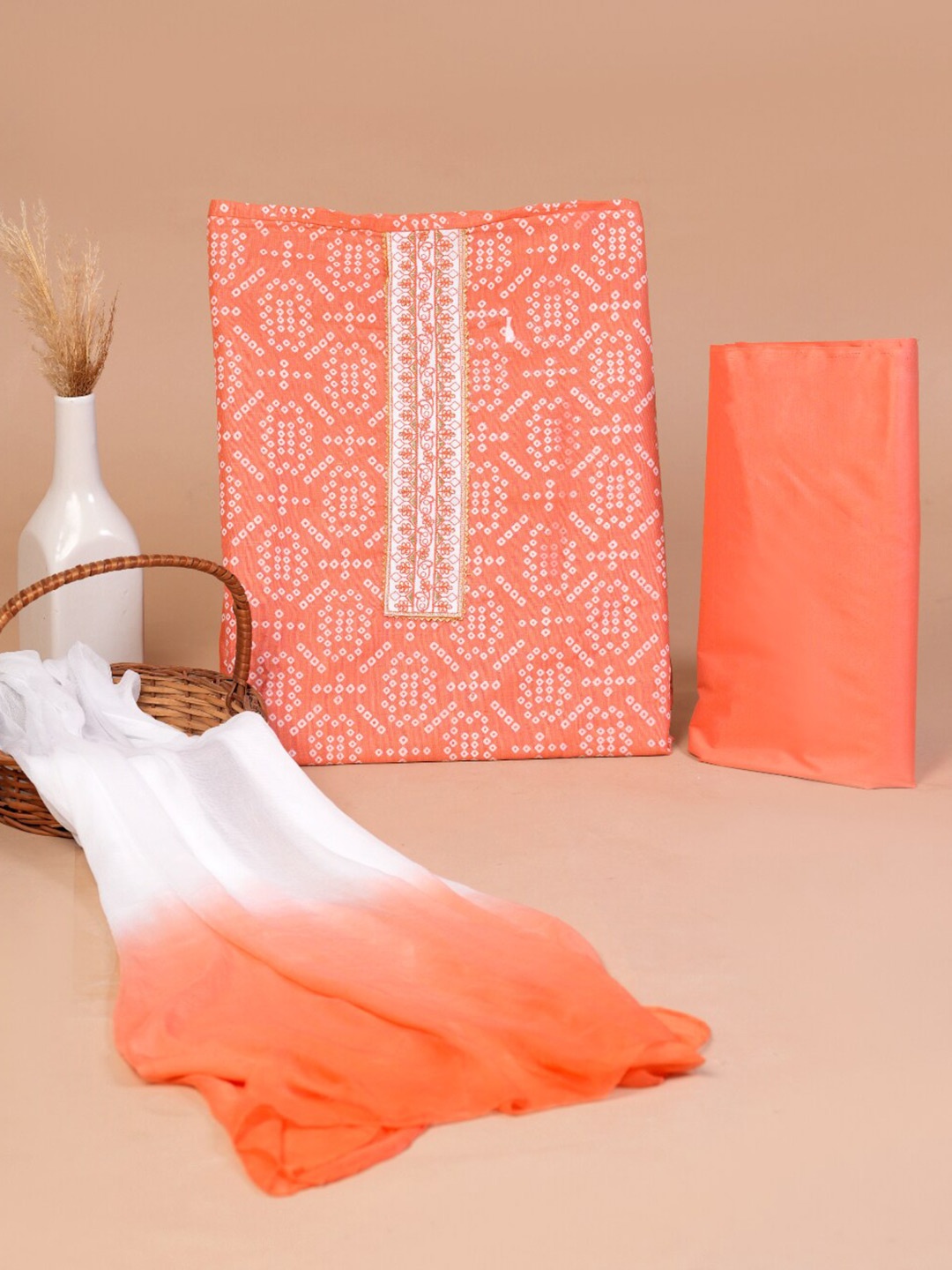 

KALINI Embellished Pure Cotton Unstitched Dress Material, Peach