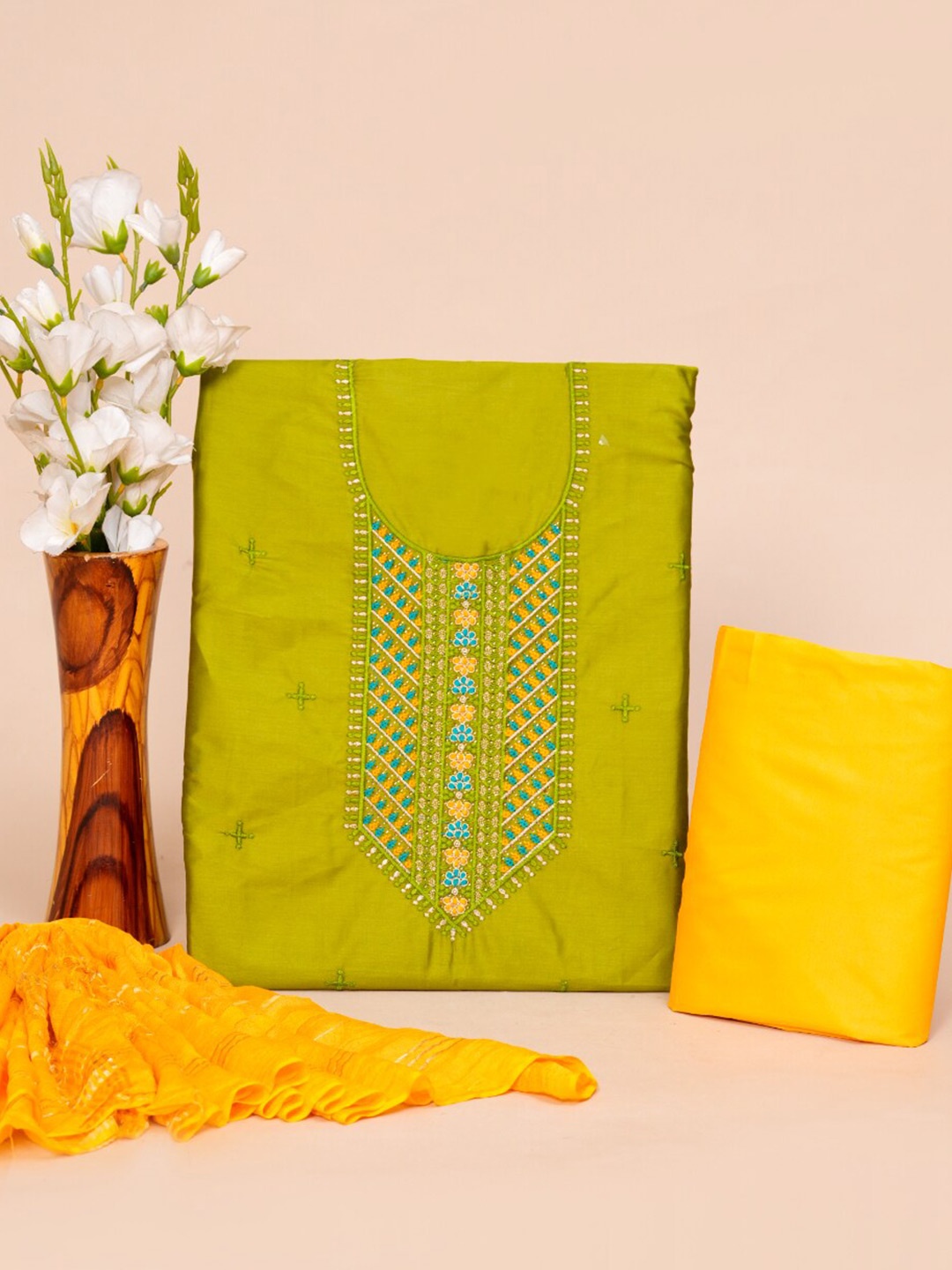 

KALINI Ethnic Motifs Embroidered Pure Cotton Unstitched Dress Material, Green