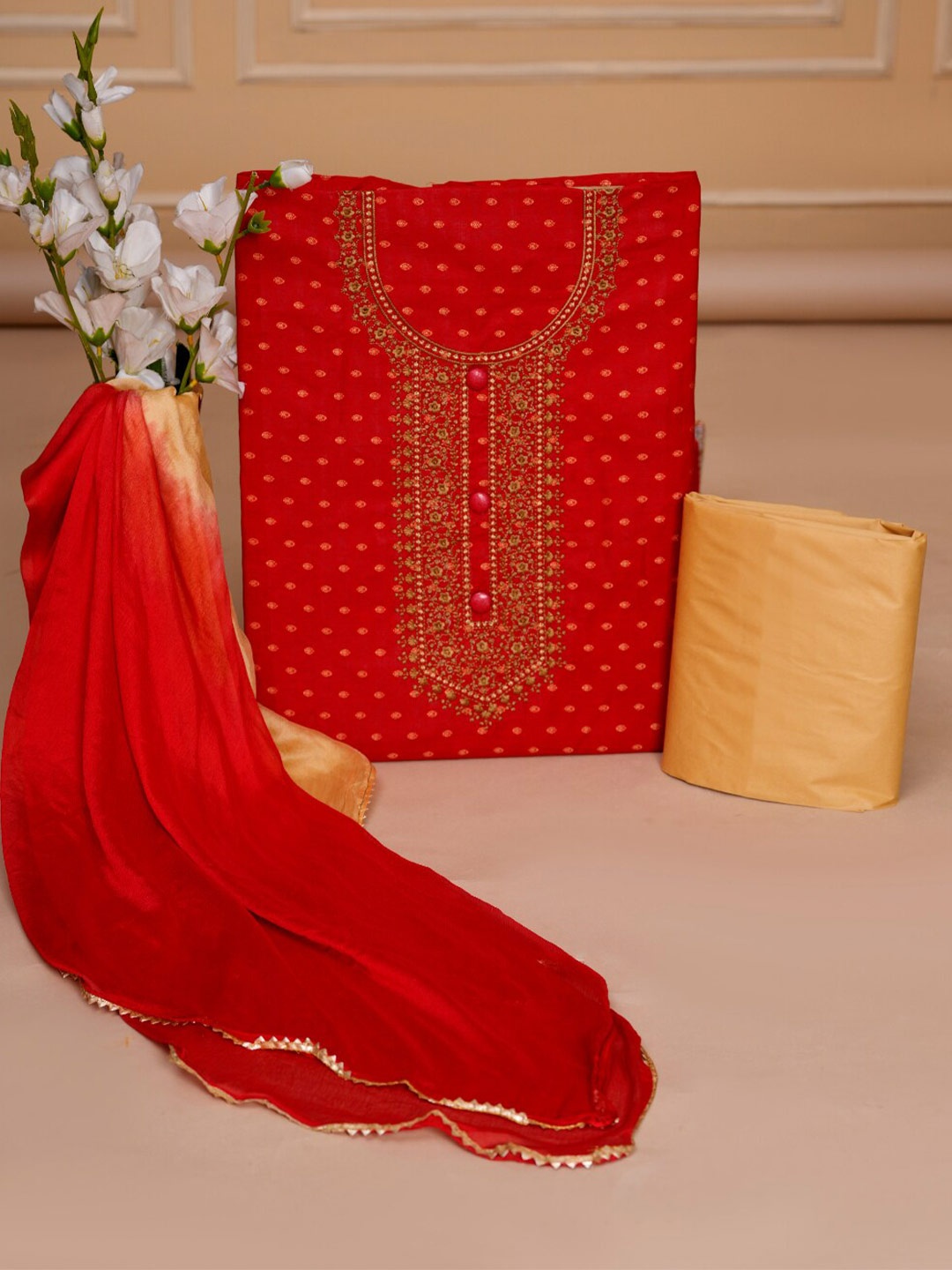 

KALINI Ethnic Motifs Printed Pure Cotton Unstitched Dress Material, Red