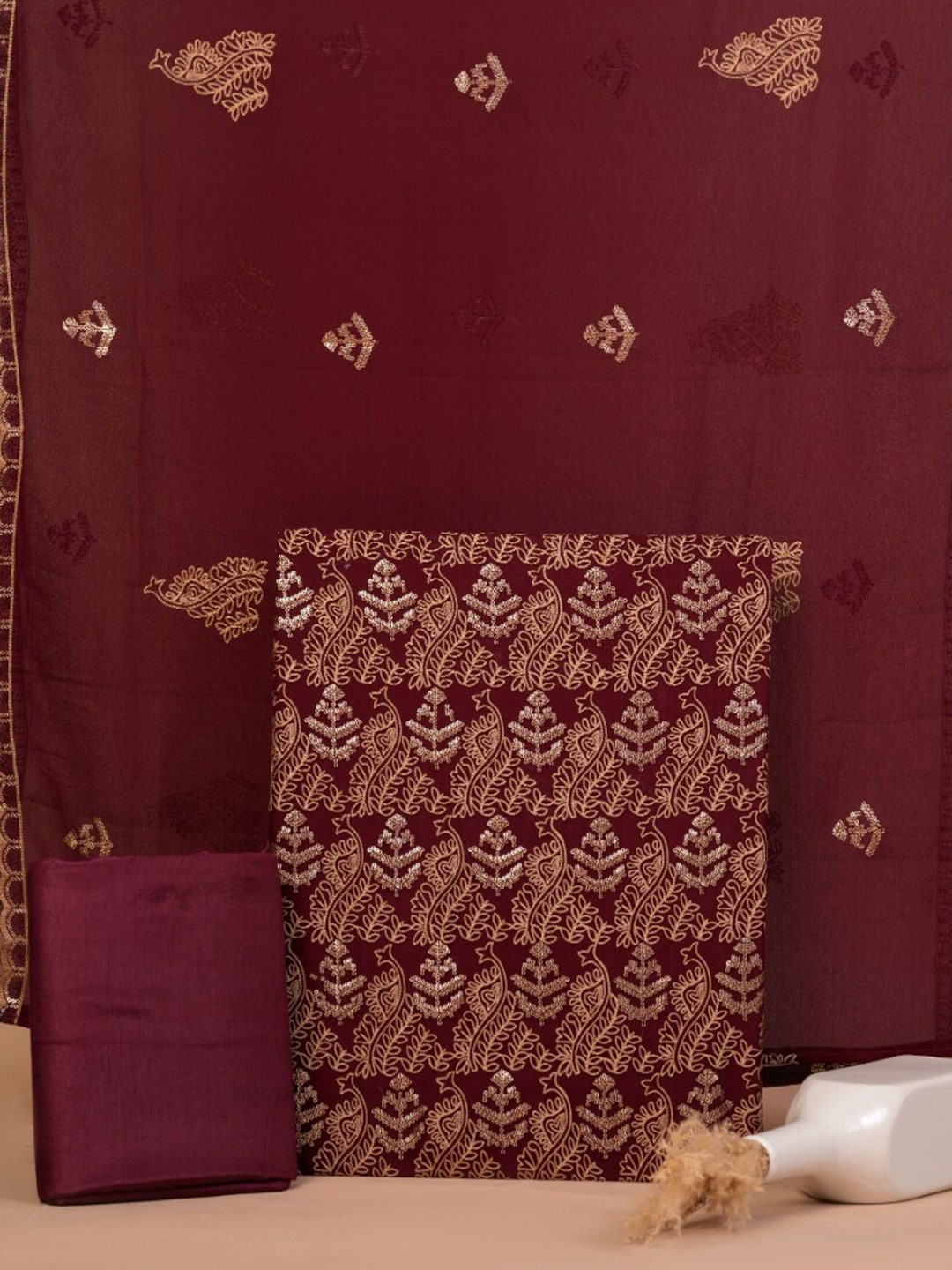 

KALINI Ethnic Motifs Embroidered Sequined Pure Cotton Unstitched Dress Material, Maroon