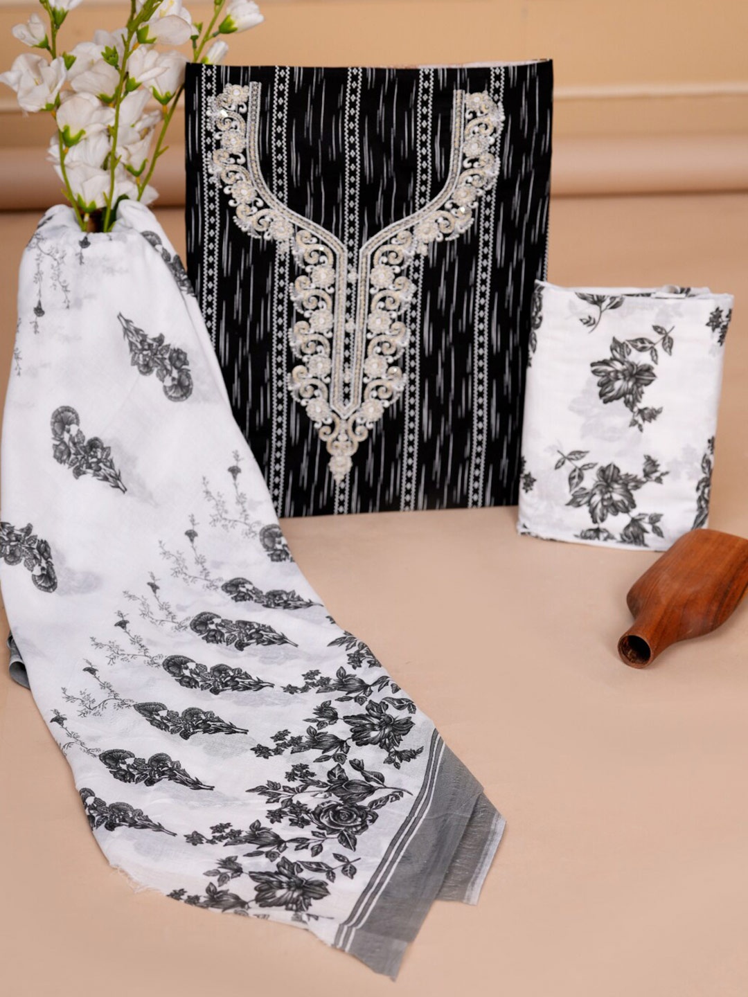 

KALINI Abstract Printed Pure Cotton Unstitched Dress Material, Black