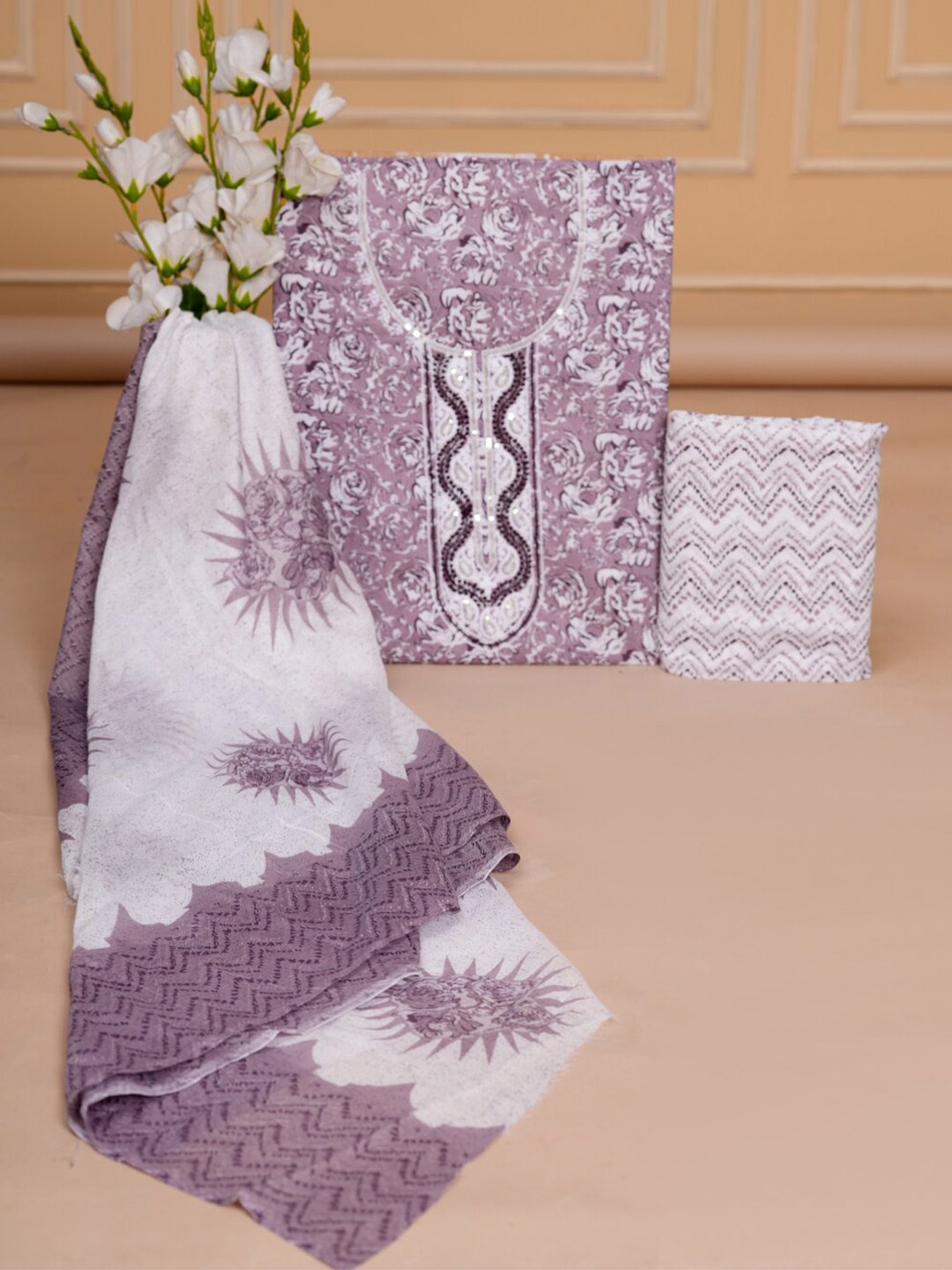 

KALINI Embellished Pure Cotton Unstitched Dress Material, Purple