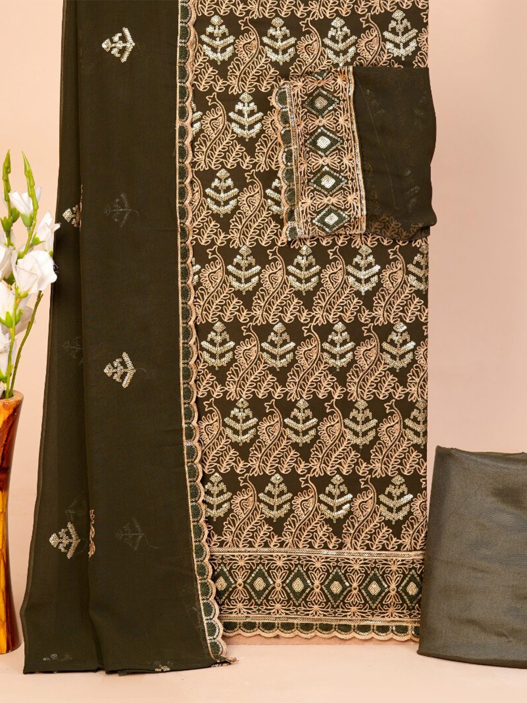 

KALINI Embellished Unstitched Dress Material, Brown