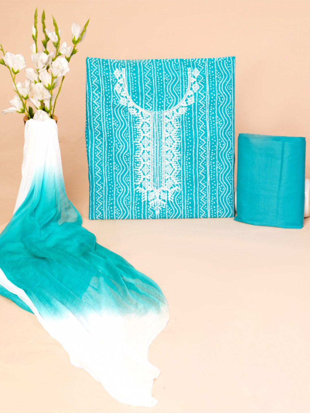 

KALINI Bandhani Printed Pure Cotton Unstitched Dress Material, Blue