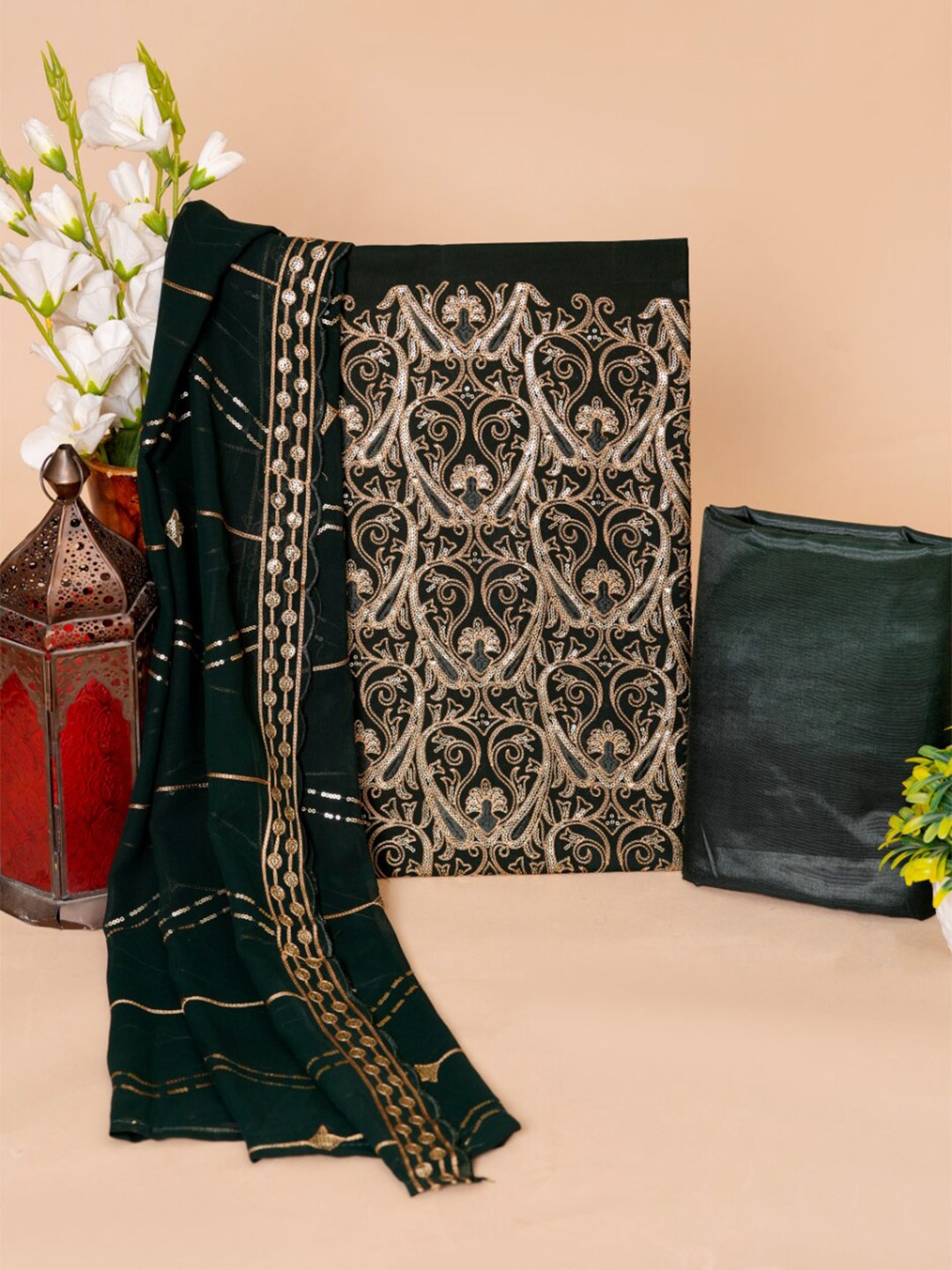 

KALINI Ethnic Motifs Embellished Unstitched Dress Material, Green