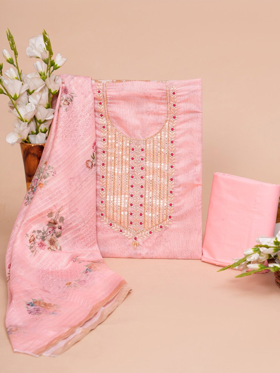

KALINI Ethnic Motifs Embroidered Pure Silk Unstitched Dress Material, Peach