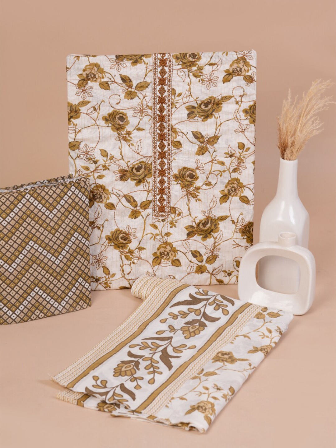 

KALINI Floral Printed Pure Cotton Unstitched Dress Material, Gold