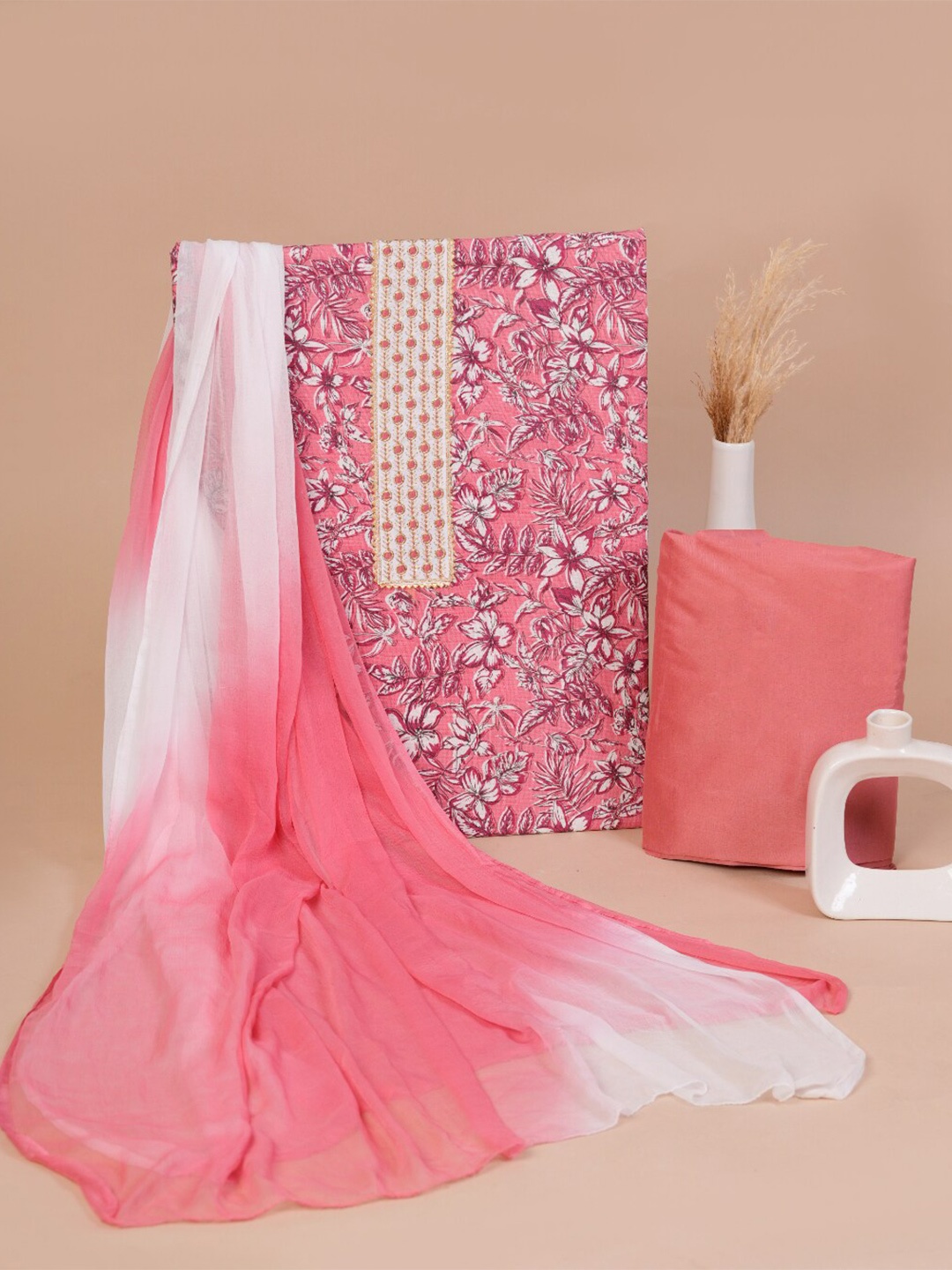 

KALINI Floral Embroidered Pure Cotton Unstitched Dress Material, Pink