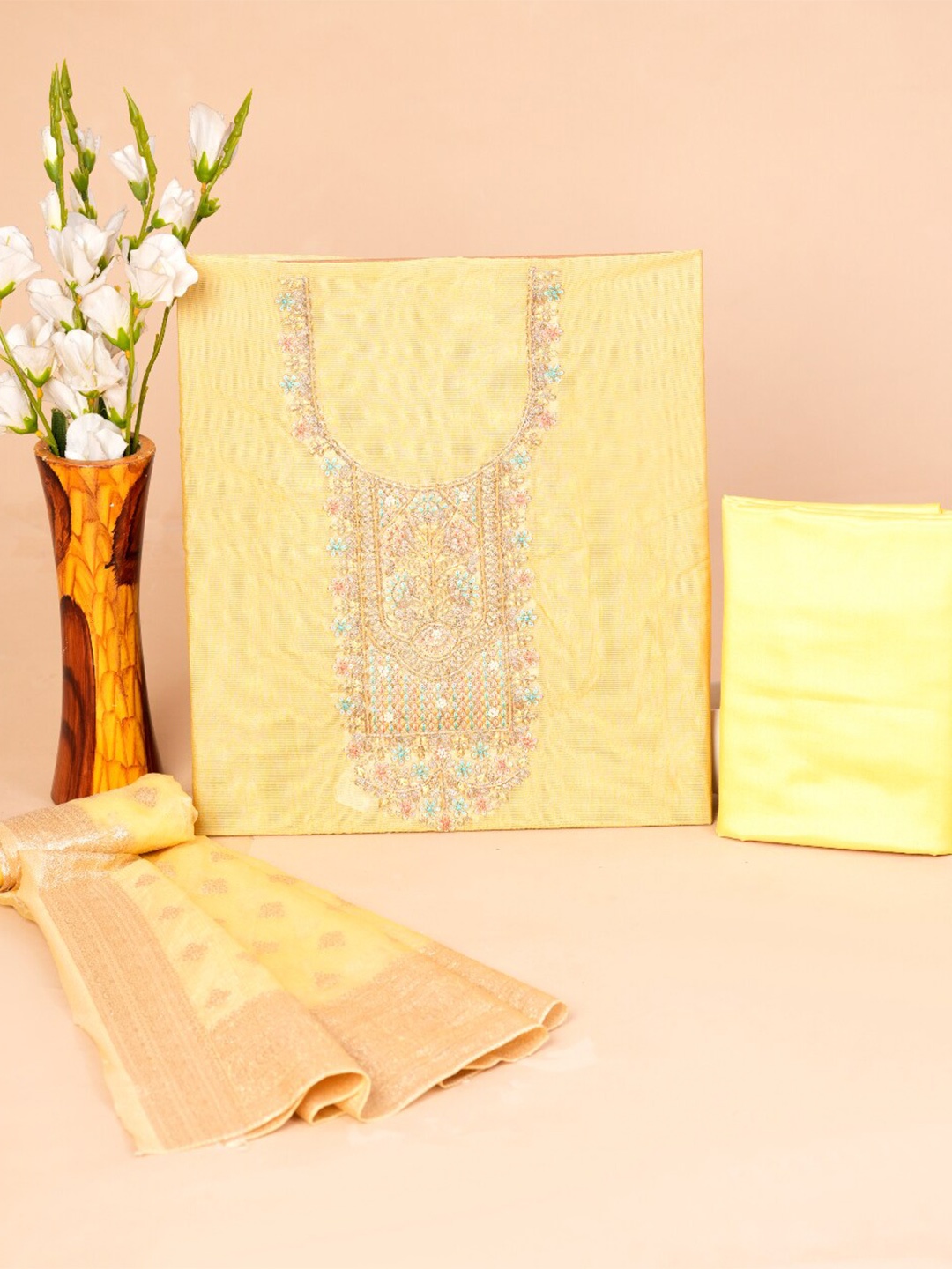 

KALINI Floral Embellished Pure Silk Unstitched Dress Material, Yellow