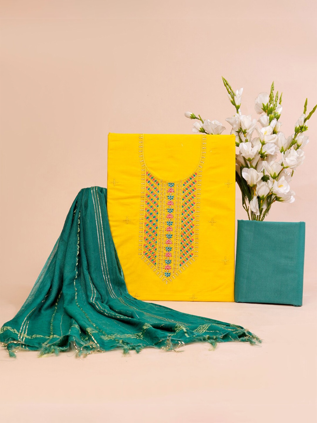 

KALINI Embellished Pure Silk Unstitched Dress Material, Mustard