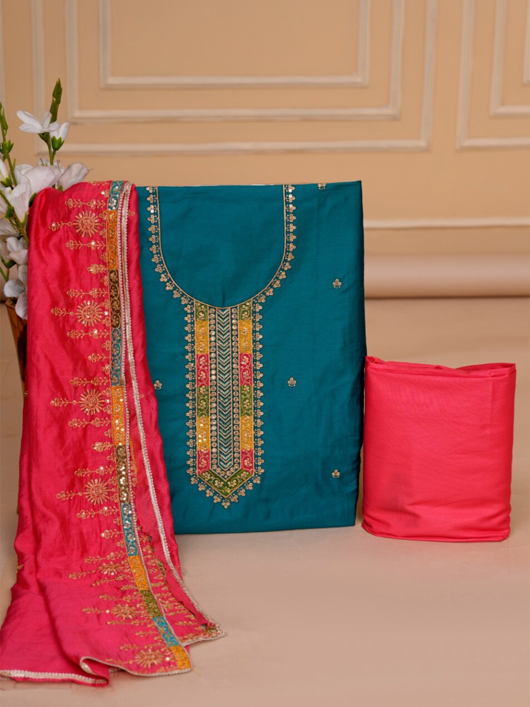 

KALINI Embellished Pure Silk Unstitched Dress Material, Turquoise blue