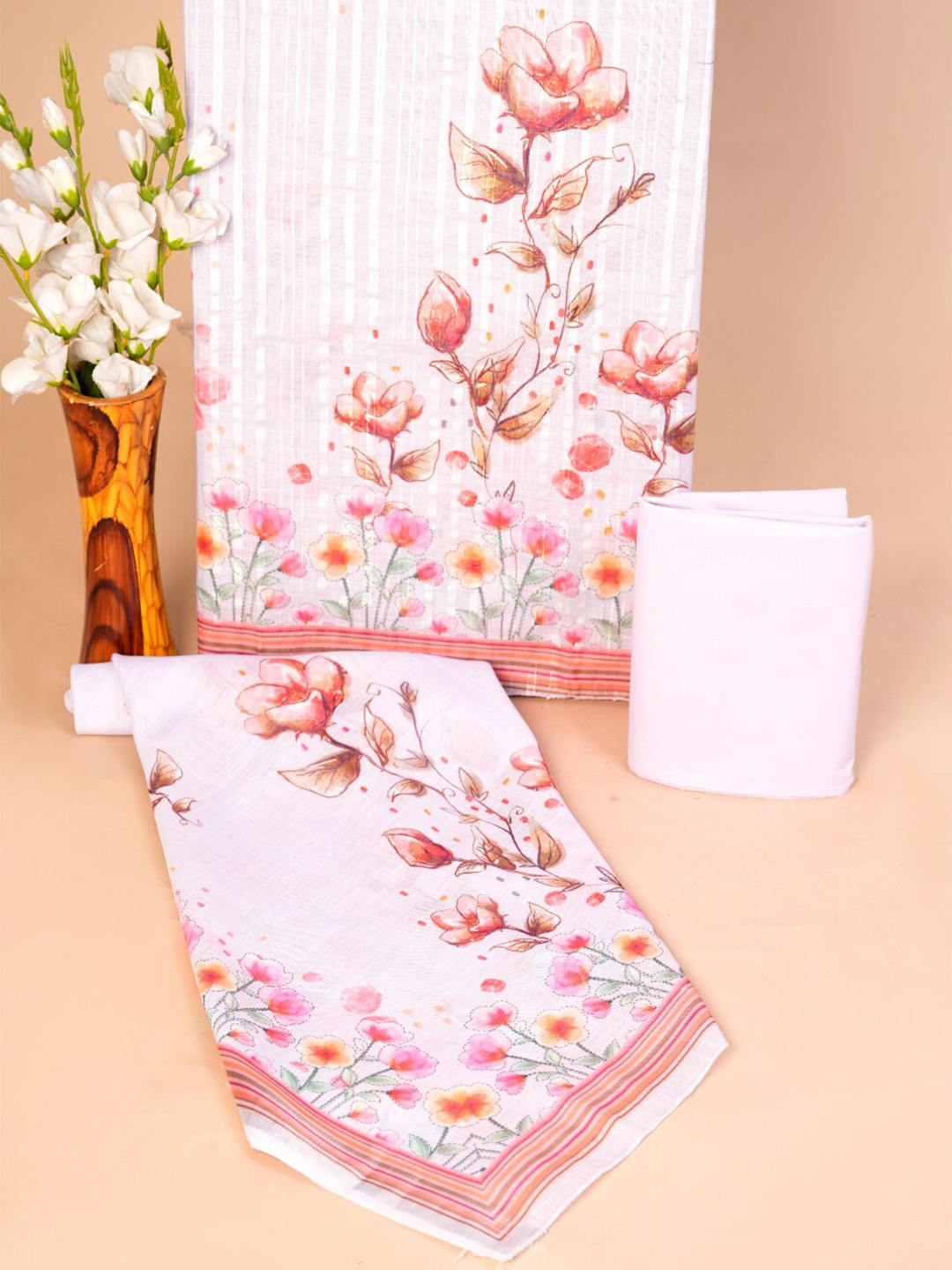 

KALINI Floral Printed Pure Cotton Unstitched Dress Material, White