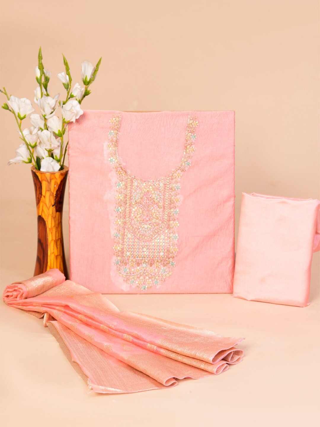 

KALINI Floral Embroidered Pure Silk Unstitched Dress Material, Pink