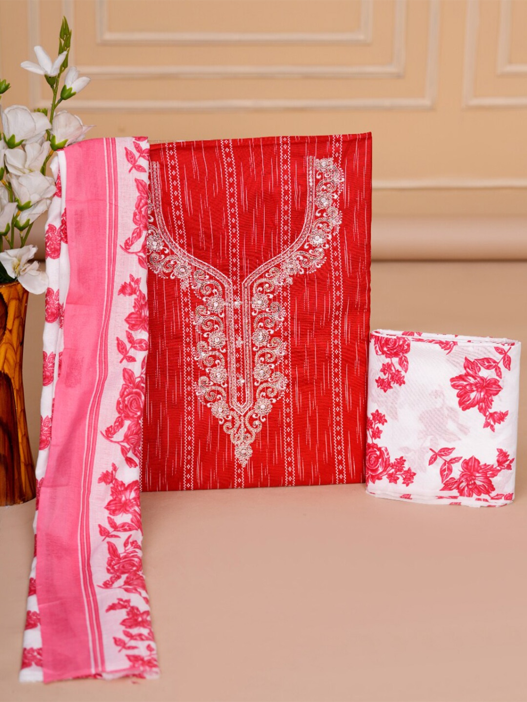 

KALINI Ethnic Motifs Embroidered Pure Cotton Unstitched Dress Material, Red