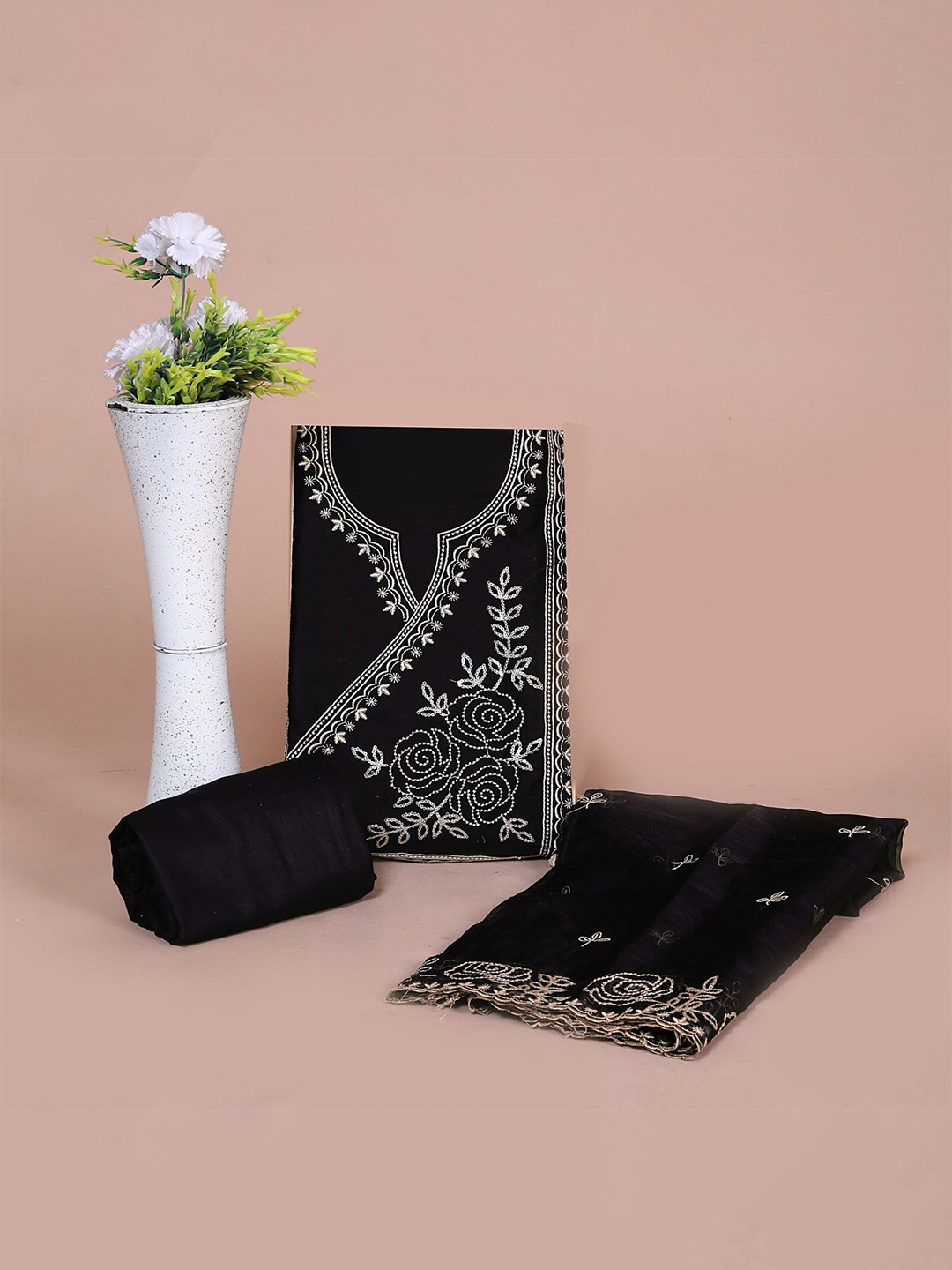 

KALINI Floral Embroidered Sequinned Pure Silk Unstitched Dress Material, Black