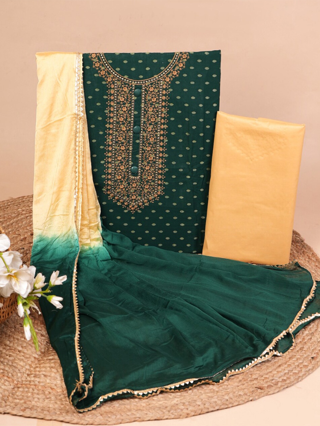

KALINI Ethnic Motifs Woven Design Pure Cotton Unstitched Dress Material, Green
