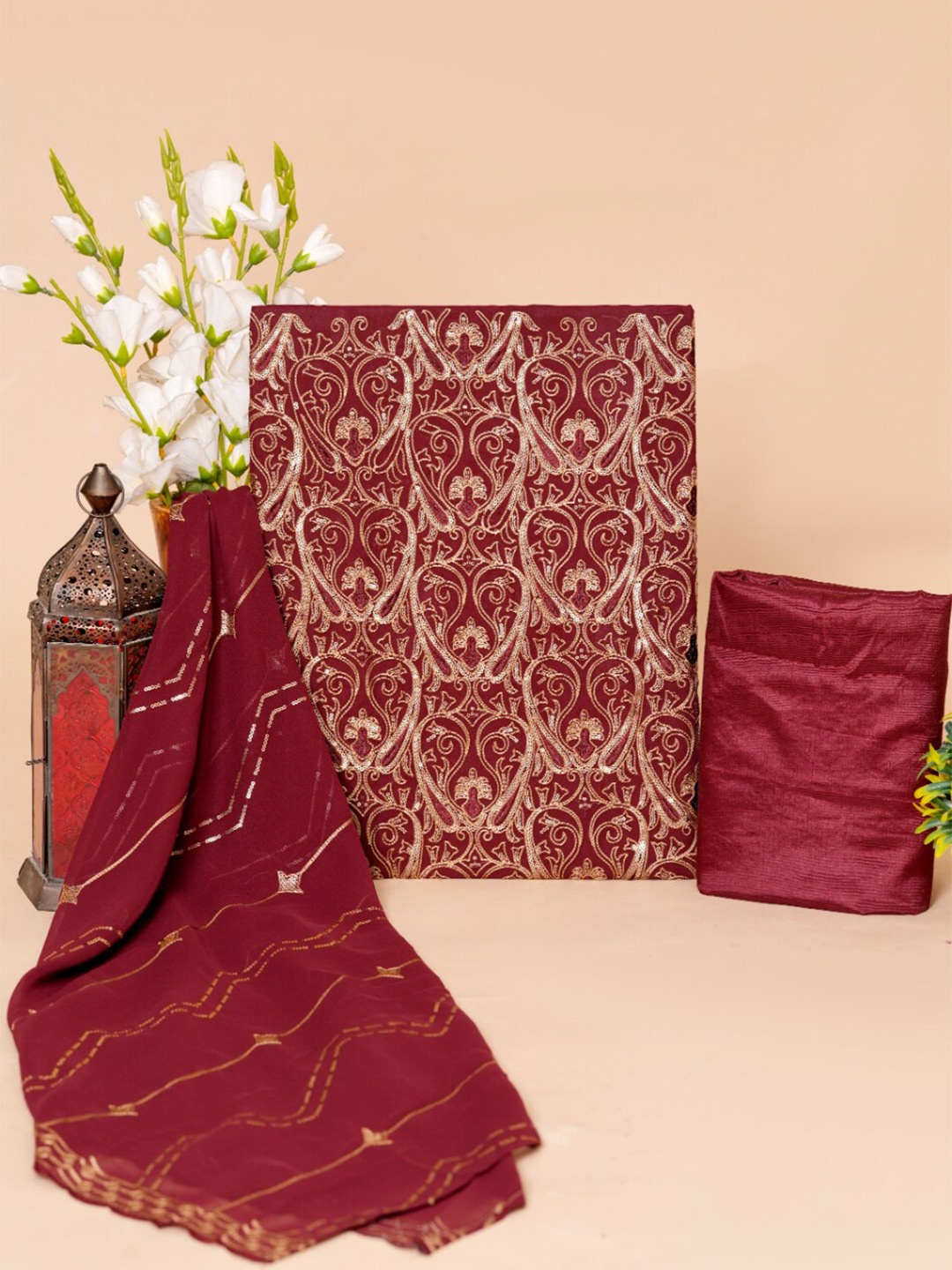 

KALINI Wthnic Motifs Embroidered Silk Chiffon Unstitched Dress Material, Maroon