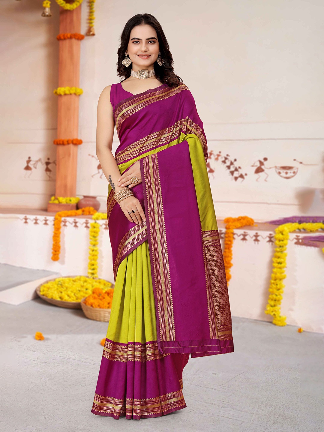 

MORLY Woven Design Zari Kanjeevaram Saree, Lime green