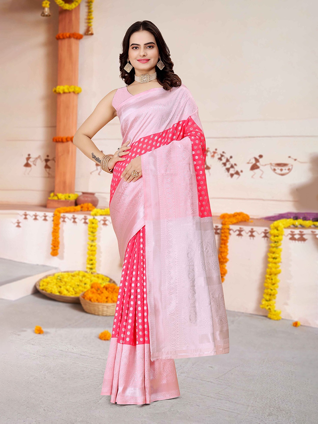 

MORLY Floral Woven Design Zari anjeevaram Saree, Pink