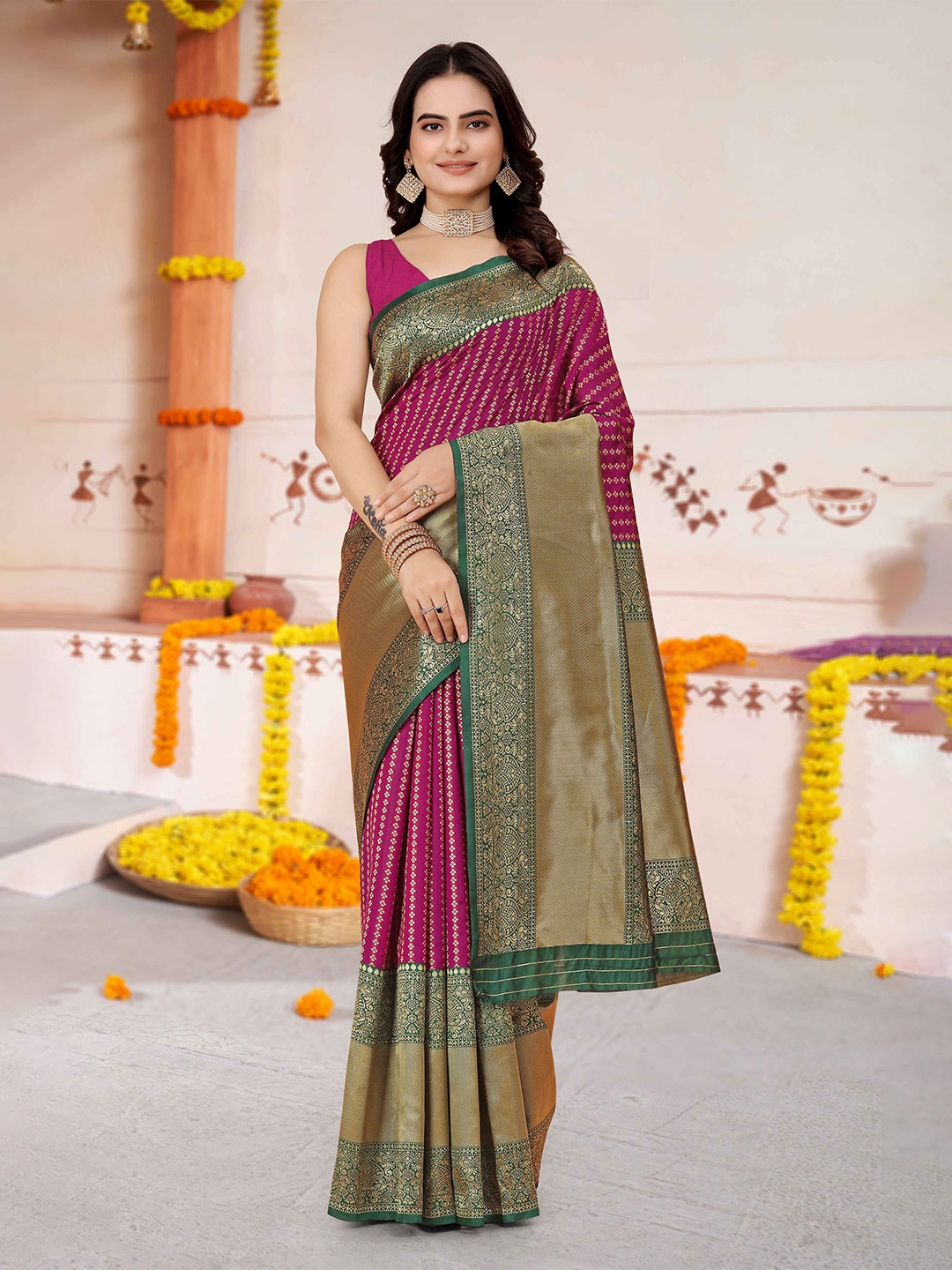 

MORLY Striped Woven Design Zari Kanjeevaram Saree, Purple