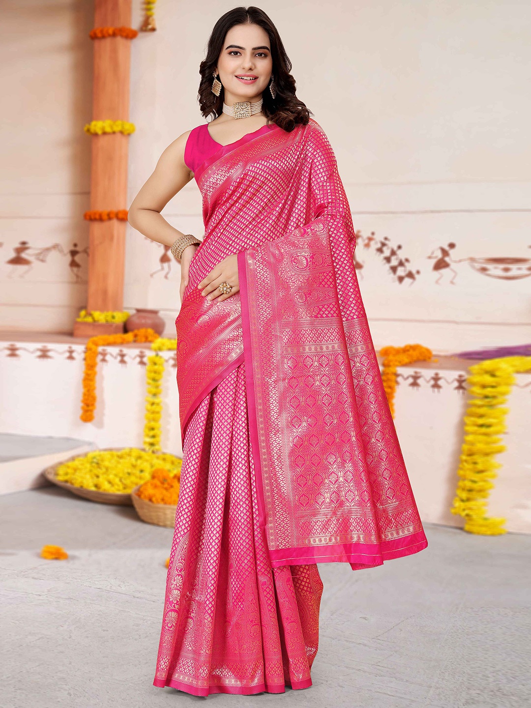 

MORLY Floral Woven Design Zari Kanjeevaram Saree, Pink
