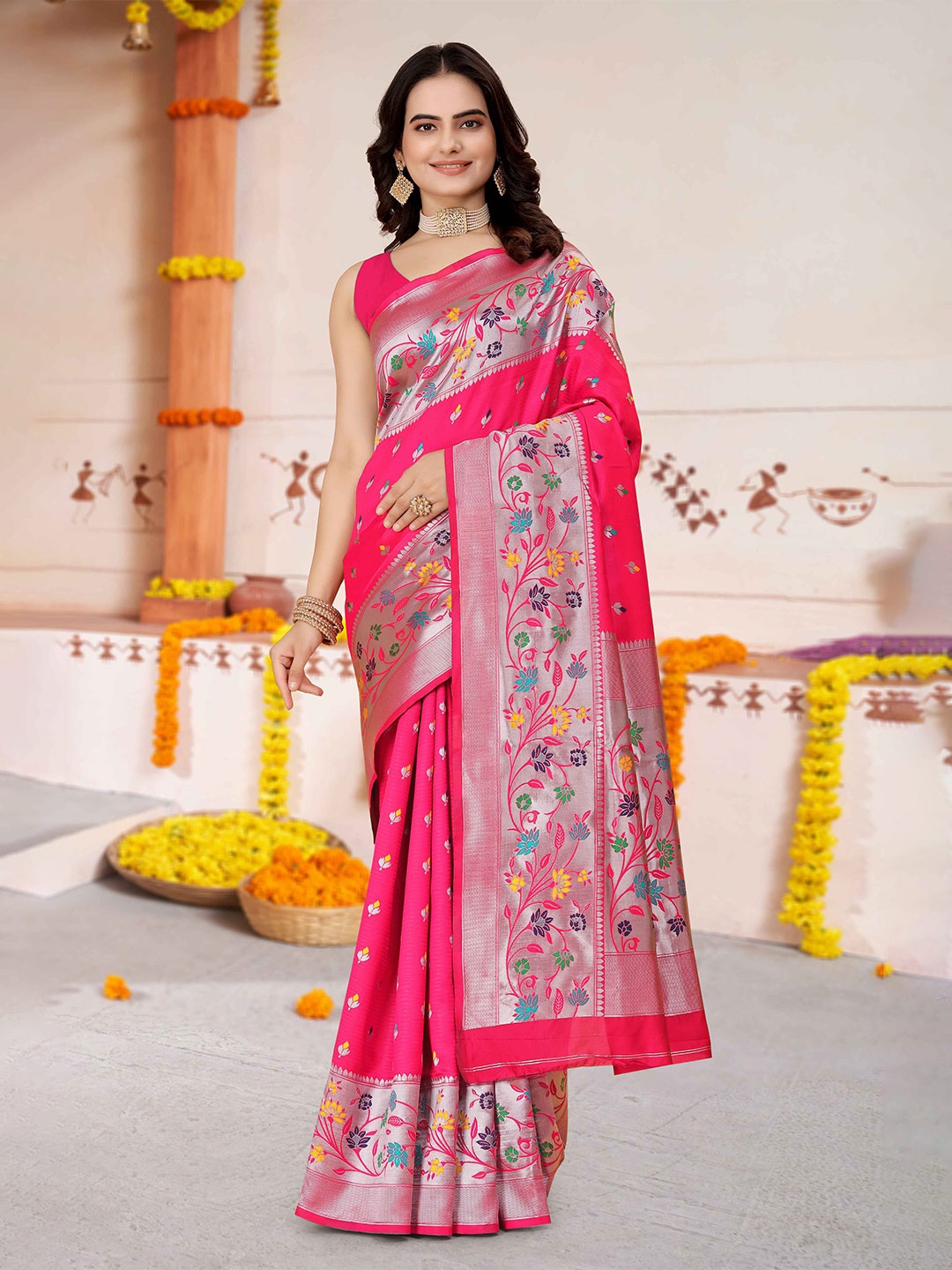 

MORLY Floral Woven Design Zari Kanjeevaram Saree, Pink