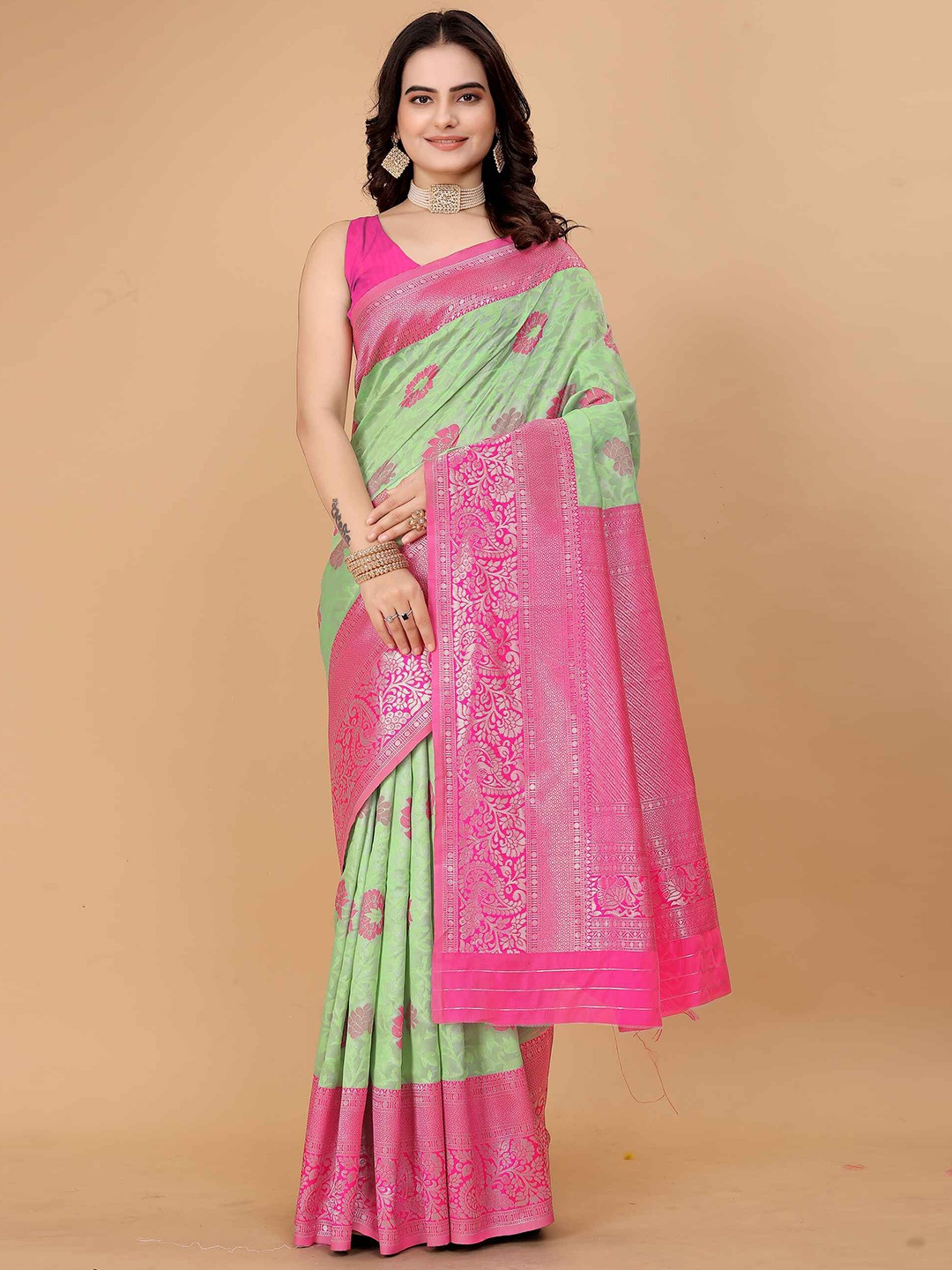 

MORLY Woven Design Zari Kanjeevaram Saree, Sea green
