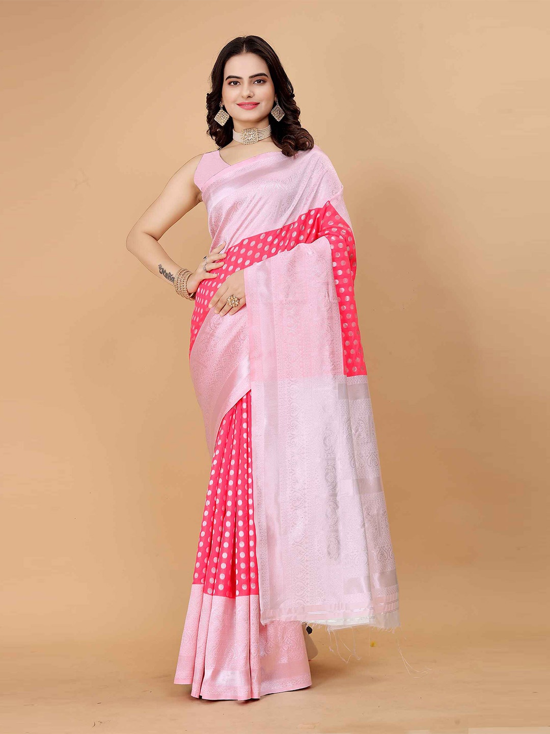 

MORLY Polka Dots Woven Design Kanjeevaram Saree, Pink