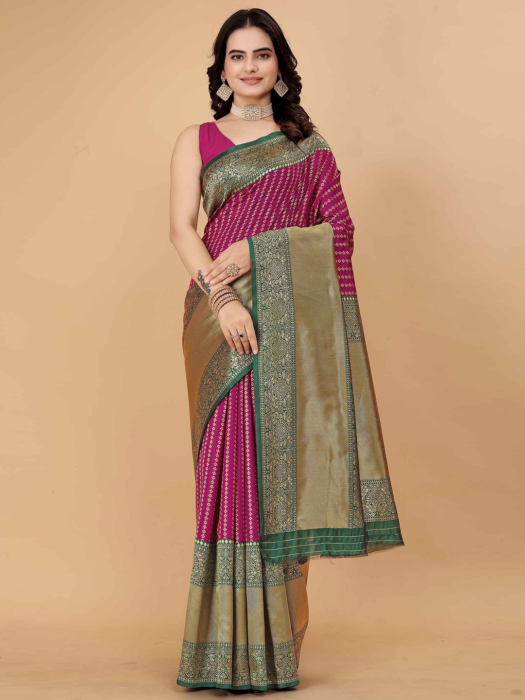 

MORLY Geometric Woven Design Zari Kanjeevaram Saree, Purple