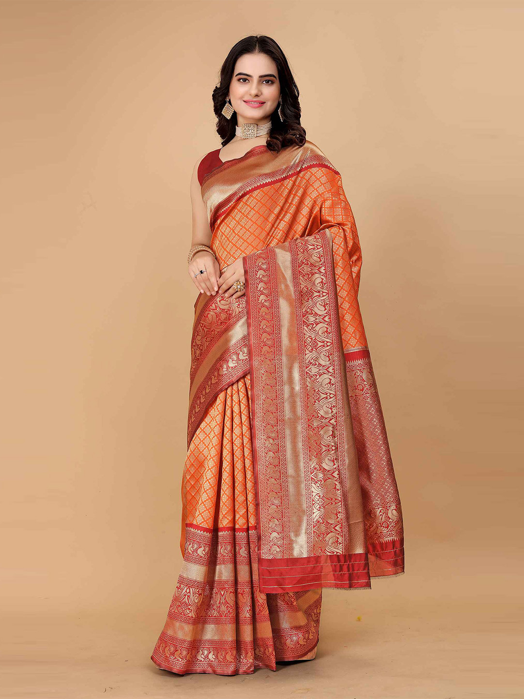 

MORLY Geometric Woven Design Zari Kanjeevaram Saree, Orange