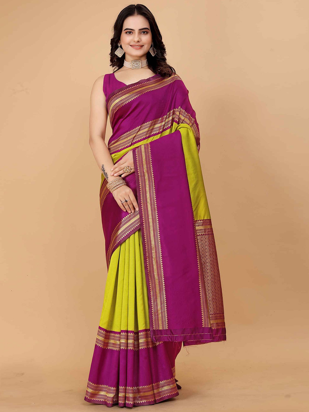 

MORLY Woven Design Zari Kanjeevaram Saree, Lime green