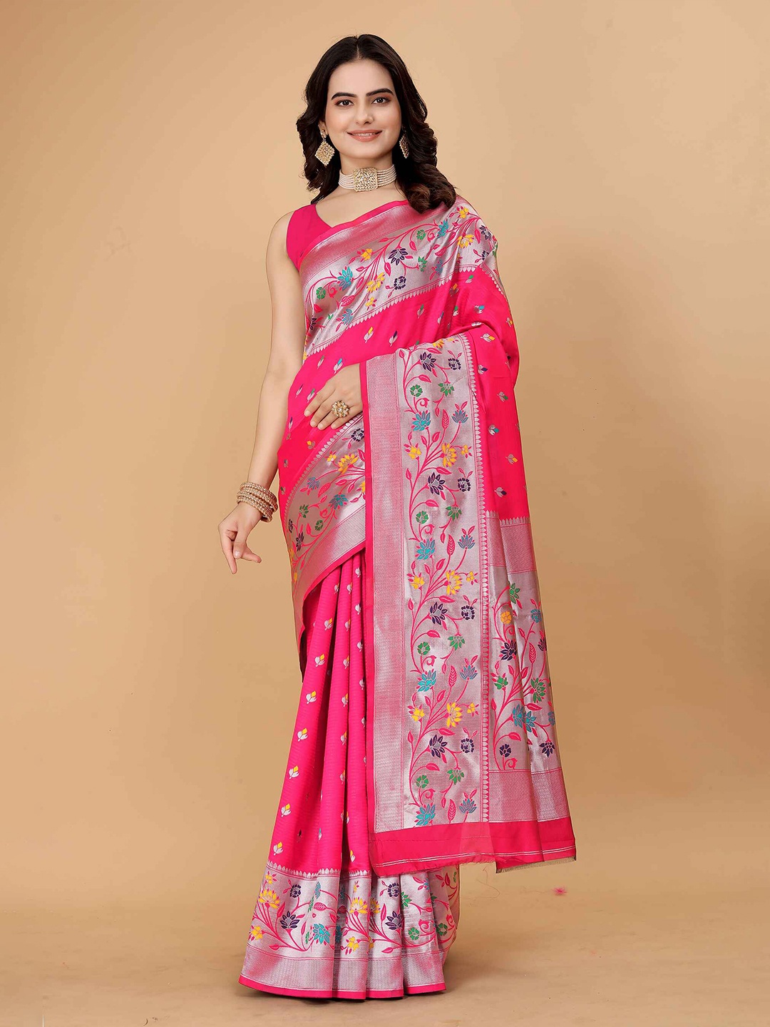 

MORLY Floral Woven Design Kanjeevaram Saree, Pink