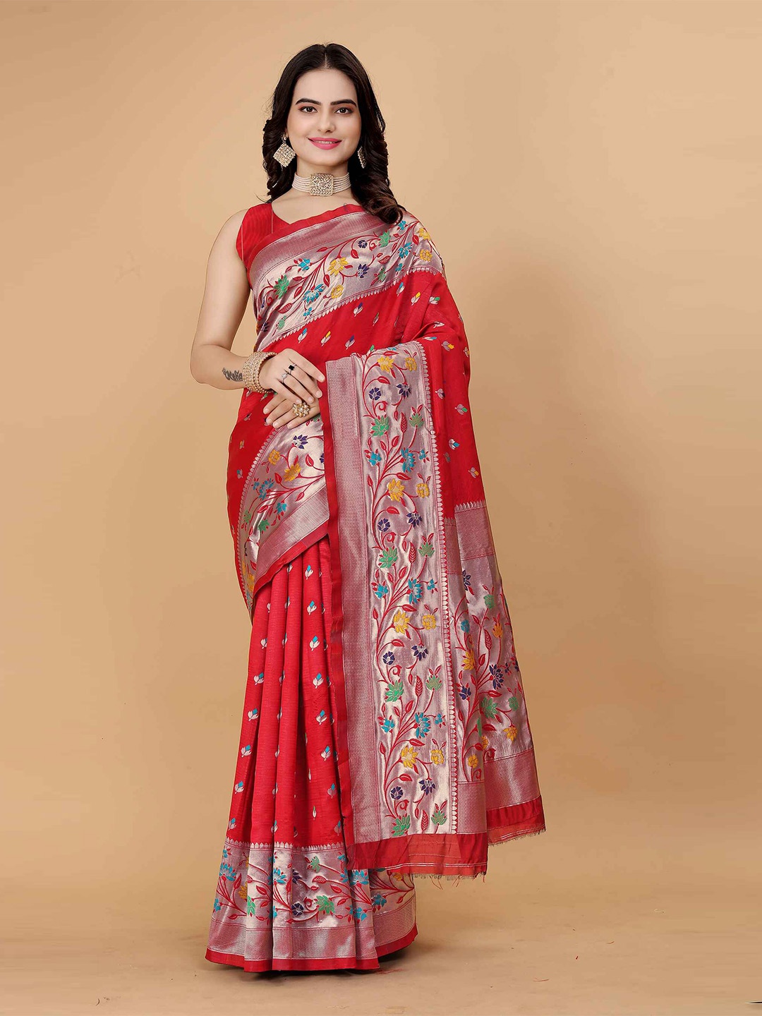 

MORLY Floral Woven Design Zari Kanjeevaram Saree, Red