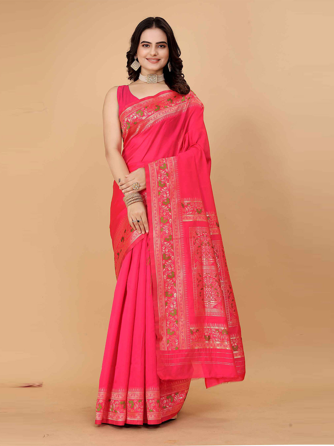 

MORLY Floral Woven Design Zari Kanjeevaram Saree, Pink