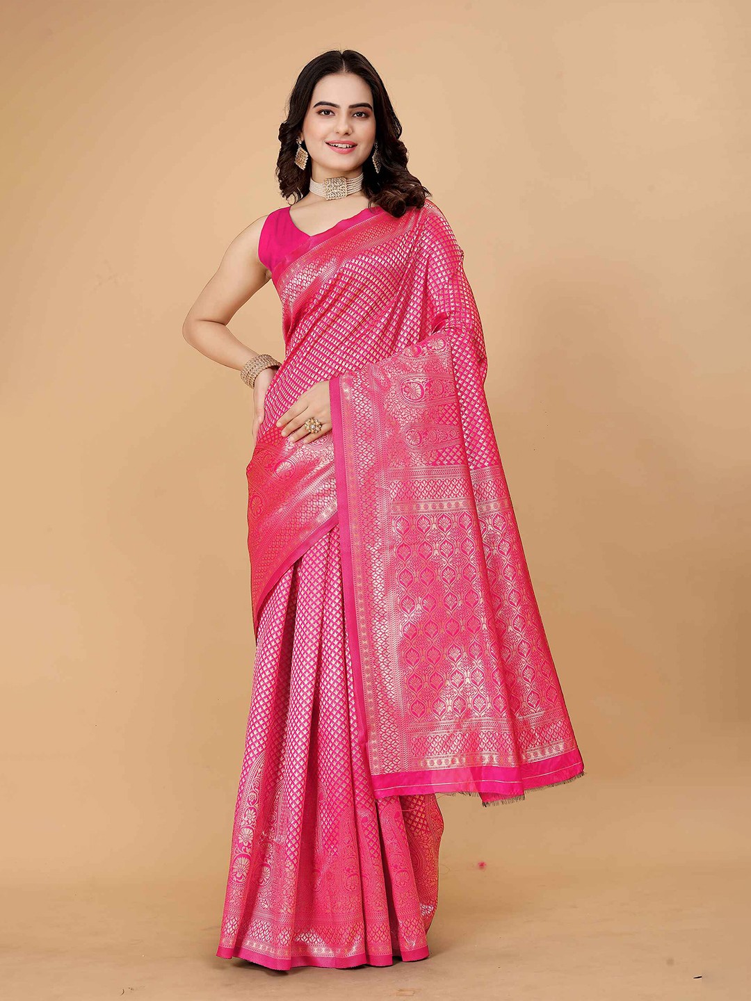 

MORLY Floral Woven Design Zari Kanjeevaram Saree, Pink